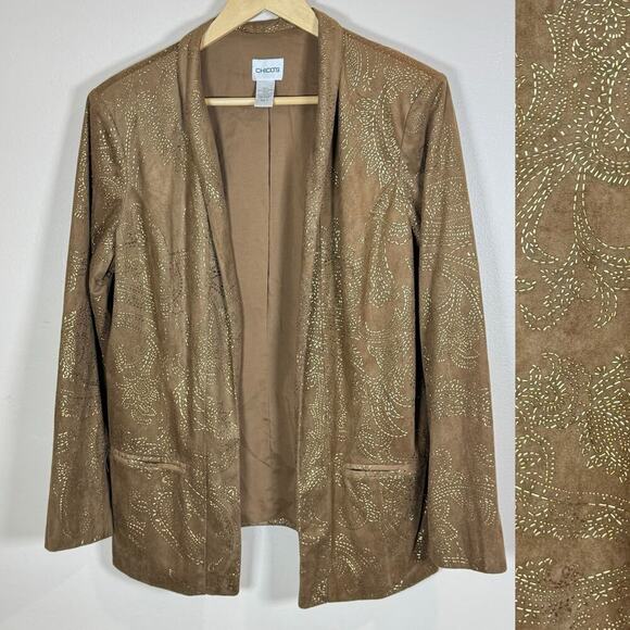 VTG Chicos Blazer Large Vegan Suede Tan embroidered Paisley Bohemian Open Front - Picture 1 of 10